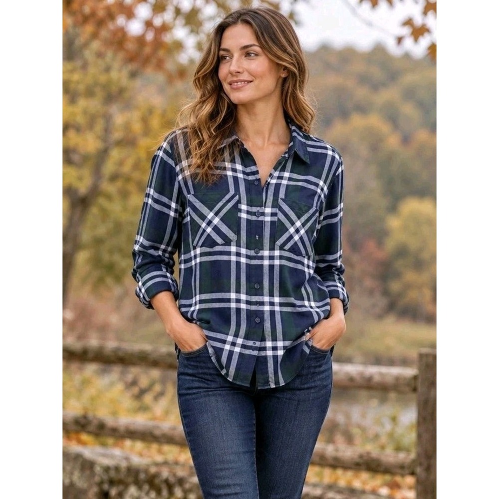 Lucky Brand Plaid Button Front Shirt Green Blue Women Large Viscose Classic Fall